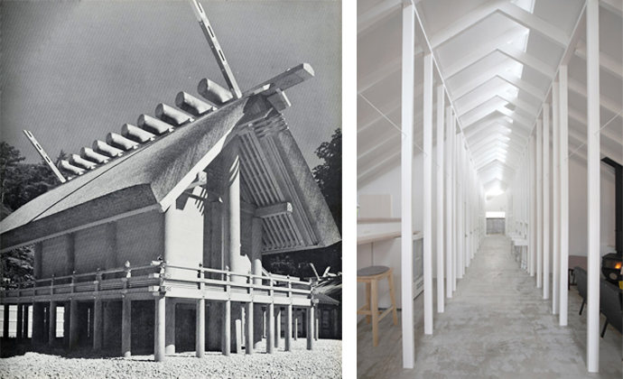 The Koyasan Guest House (right) completed in 2014 is a contemporary reworking of traditional Japanese roofing construction as found in the Ise Shrine (left, first constructed in the 2nd century BCE and rebuilt every 20 years to the same exact design.